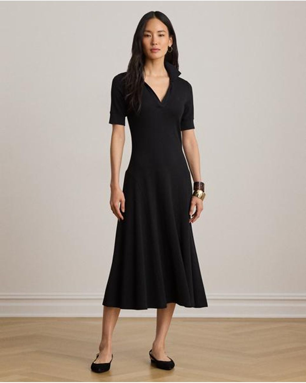 Ralph Lauren Black Rib-Knit Elbow-Sleeve Polo Dress