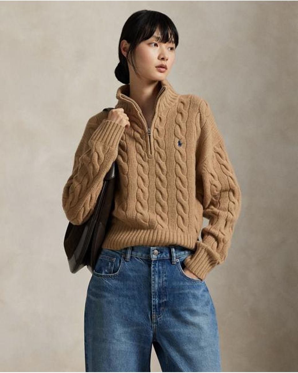 Polo Ralph Lauren Brown Cable Wool-Cashmere Half-Zip Sweater