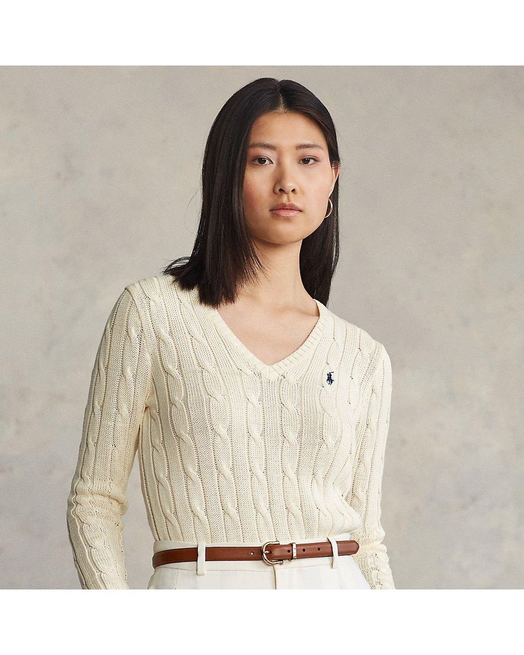Ralph Lauren Cable-knit V-neck Jumper in Natural | Lyst