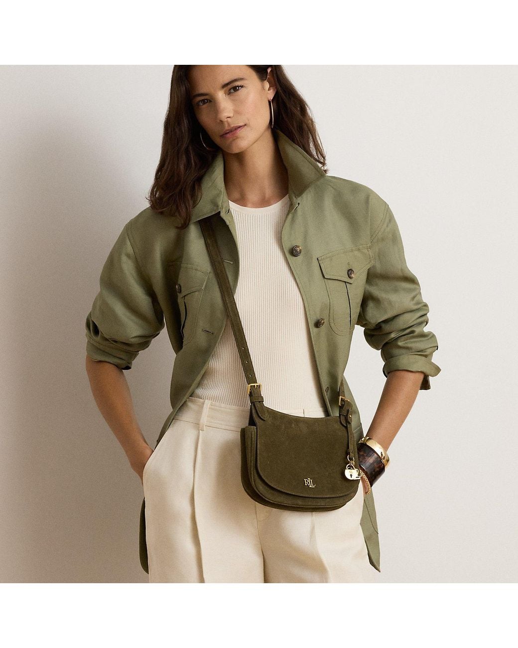 Ralph Lauren Green Medium Marcy Suede Crossbody Bag