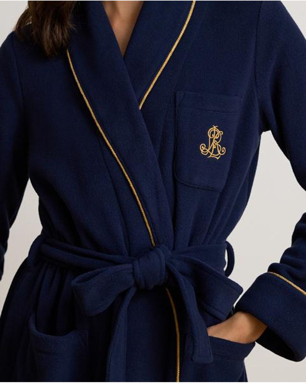 Ralph Lauren Blue Microfleece Long Shawl-Collar Robe