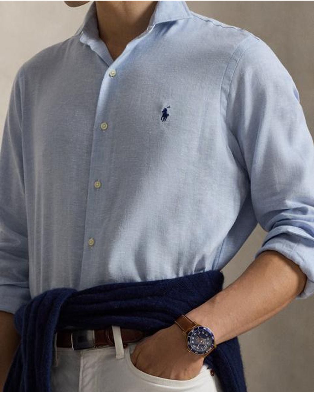 Polo Ralph Lauren Blue Custom Fit Herringbone Linen-Blend Shirt for men