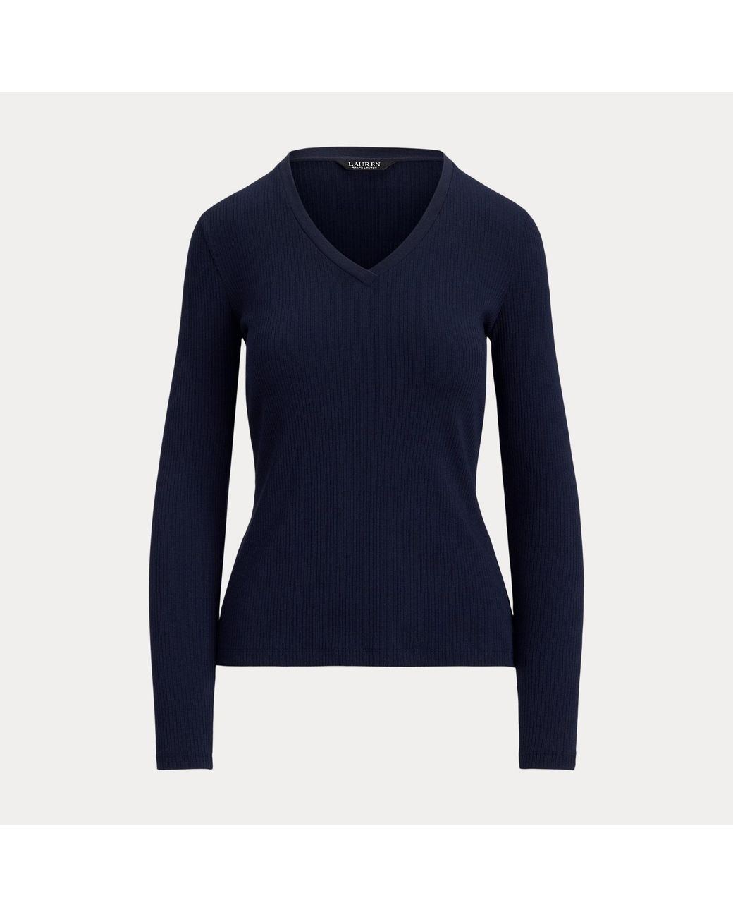 Ralph Lauren Blue Rib-Knit Long-Sleeve V-Neck Top