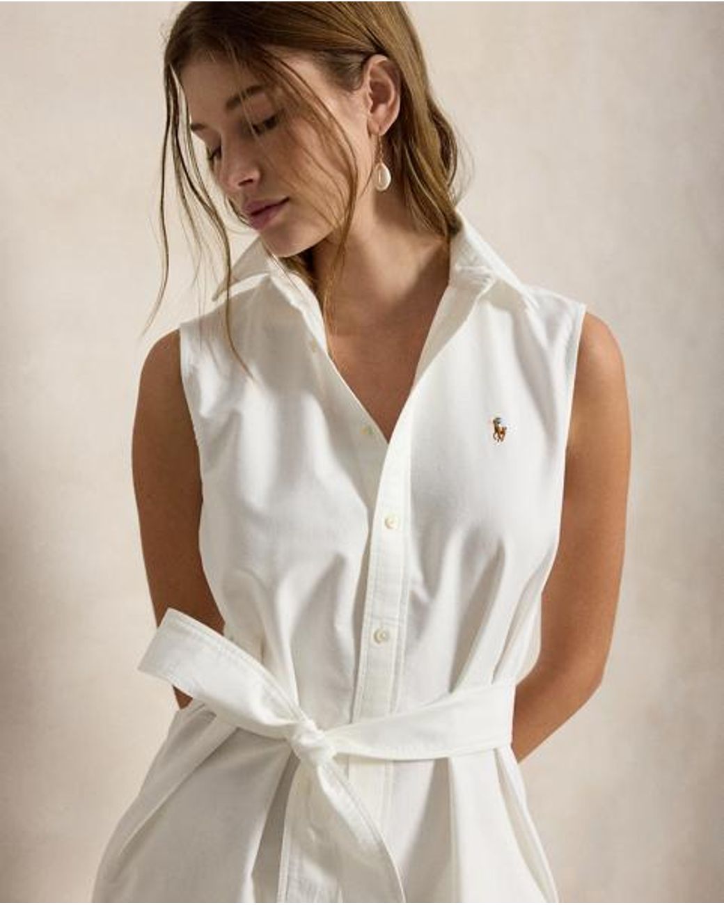Polo Ralph Lauren White Belted Oxford Sleeveless Shirtdress