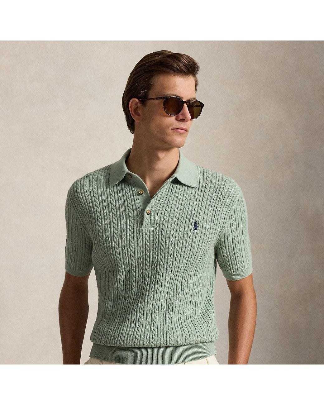 Polo Ralph Lauren Green Cable-Knit Cotton Polo-Collar Jumper for men