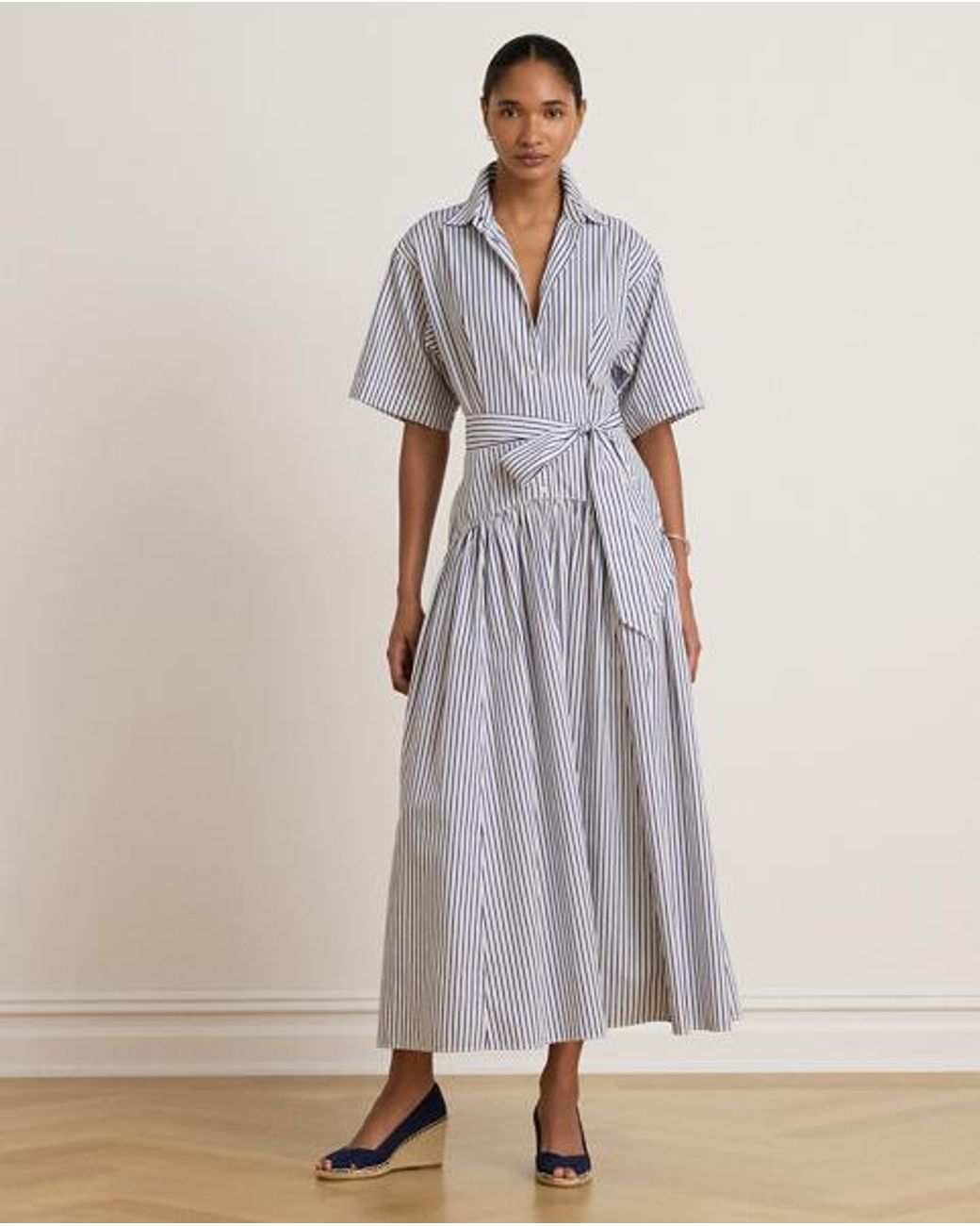 Ralph Lauren Blue Striped Belted Broadcloth Shirtdress
