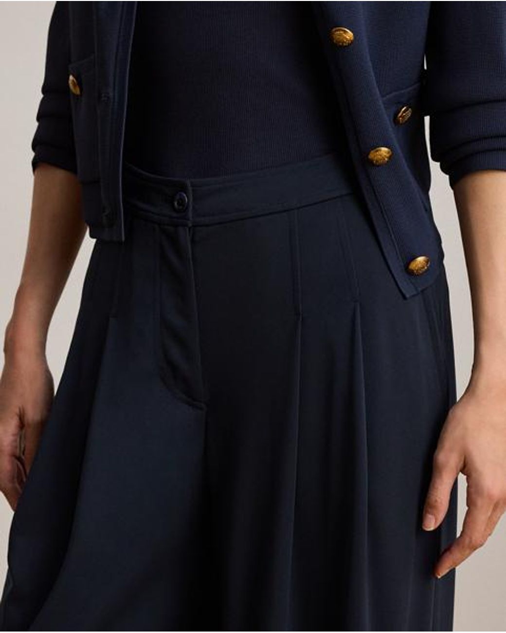 Ralph Lauren Blue Pleated Stretch Jersey Wide-Leg Trousers