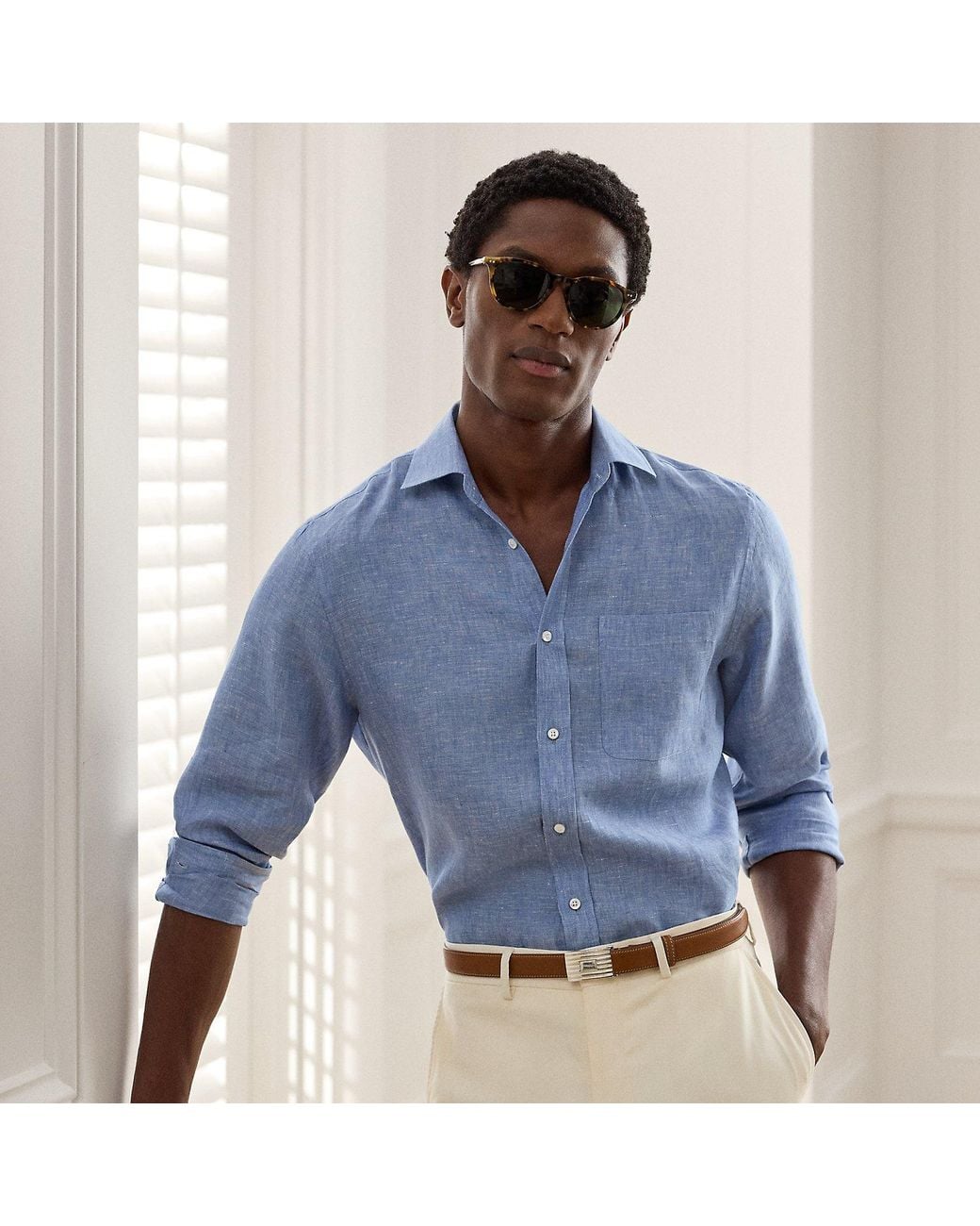 Ralph Lauren Blue Linen Chambray Shirt for men