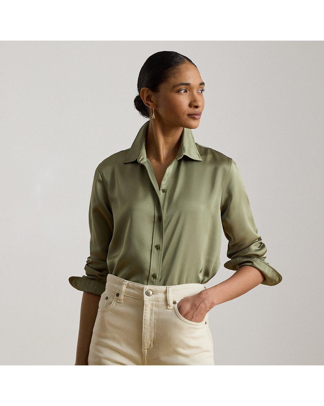 Ralph Lauren Green Classic Fit Satin Charmeuse Shirt