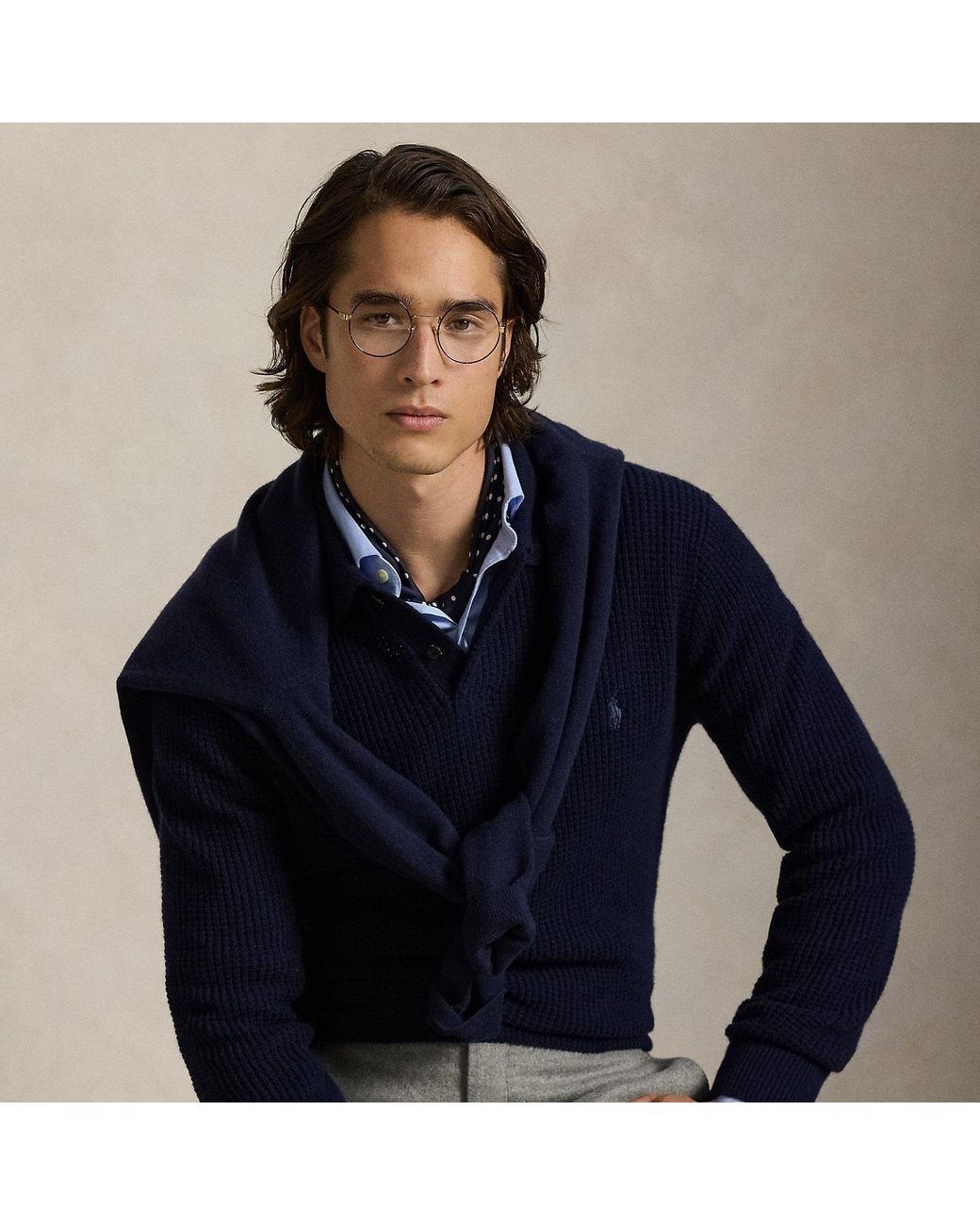 Polo Ralph Lauren Blue Textured Wool-Cotton Polo-Collar Jumper for men