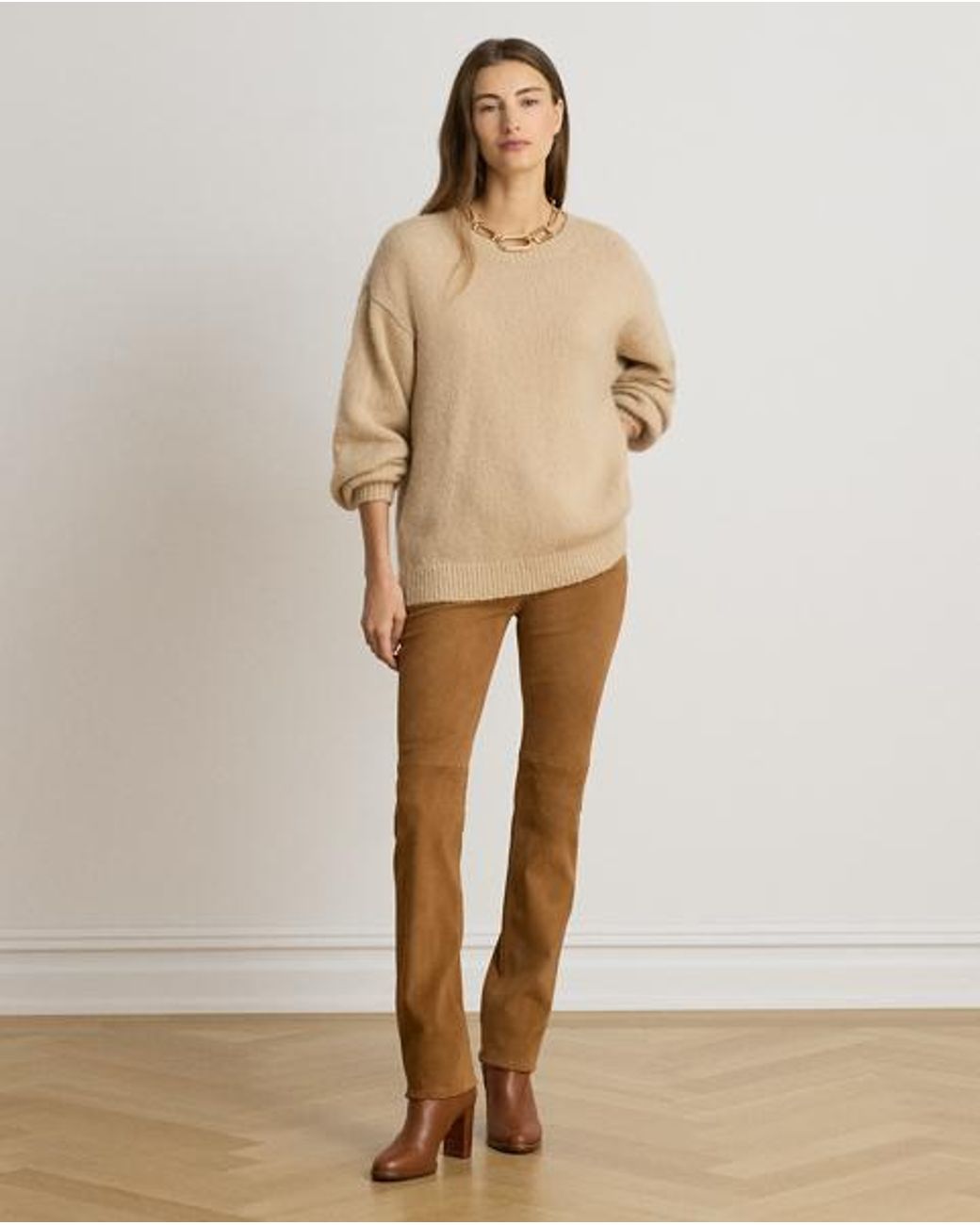 Ralph Lauren Natural High-Rise Suede Slim Straight Pant