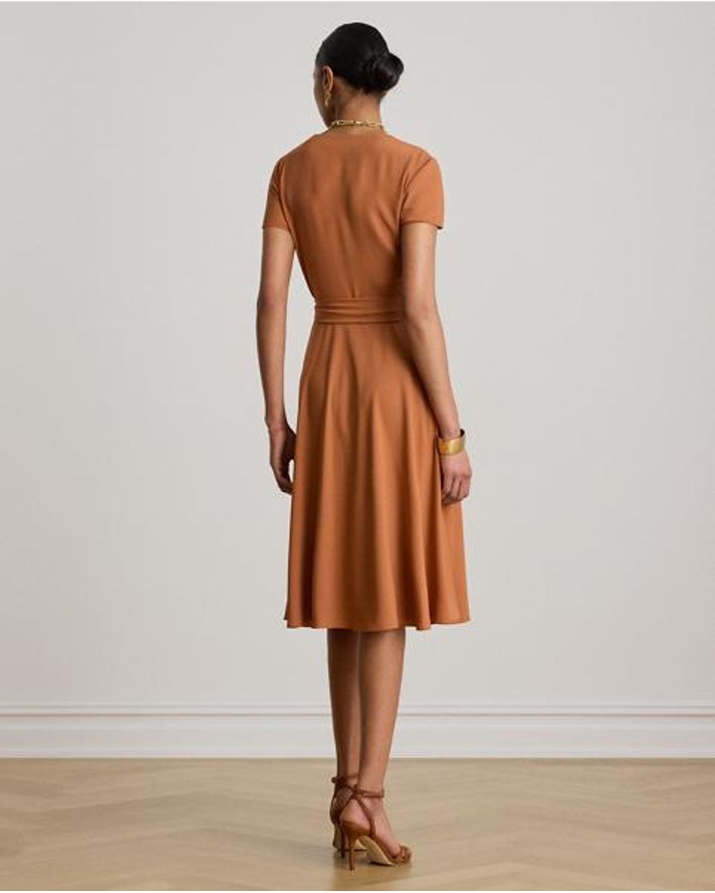Ralph Lauren Brown Belted Georgette Surplice Dress