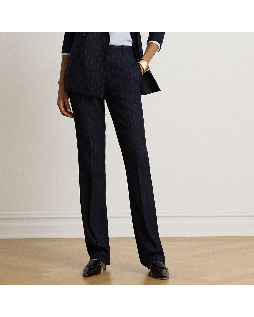 Ralph Lauren Blue Pinstripe Wool-Blend Twill Straight Pant