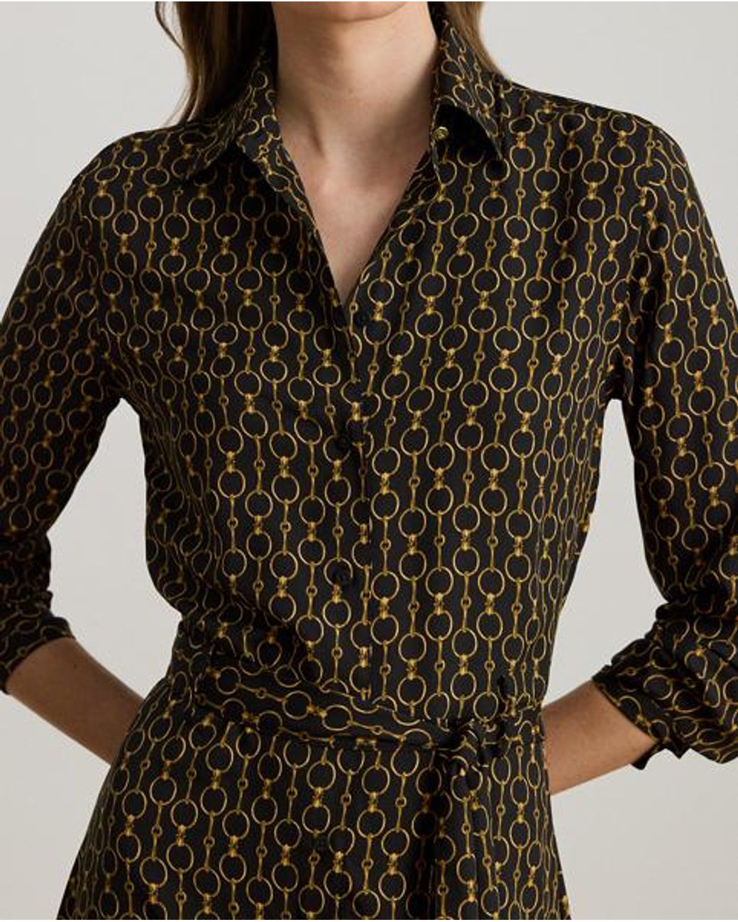 Ralph Lauren Black Chain-Print Crepe Shirtdress