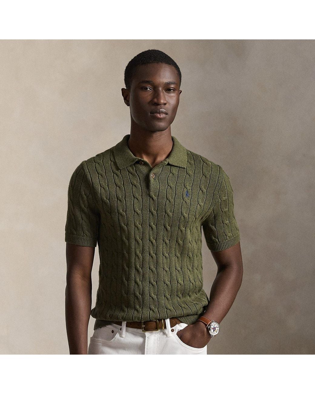 Polo Ralph Lauren Cable-Knit Cotton Polo Sweater in Green for Men Polo Ralph Lauren Cable-Knit Cotton Polo Sweater in Green for Men