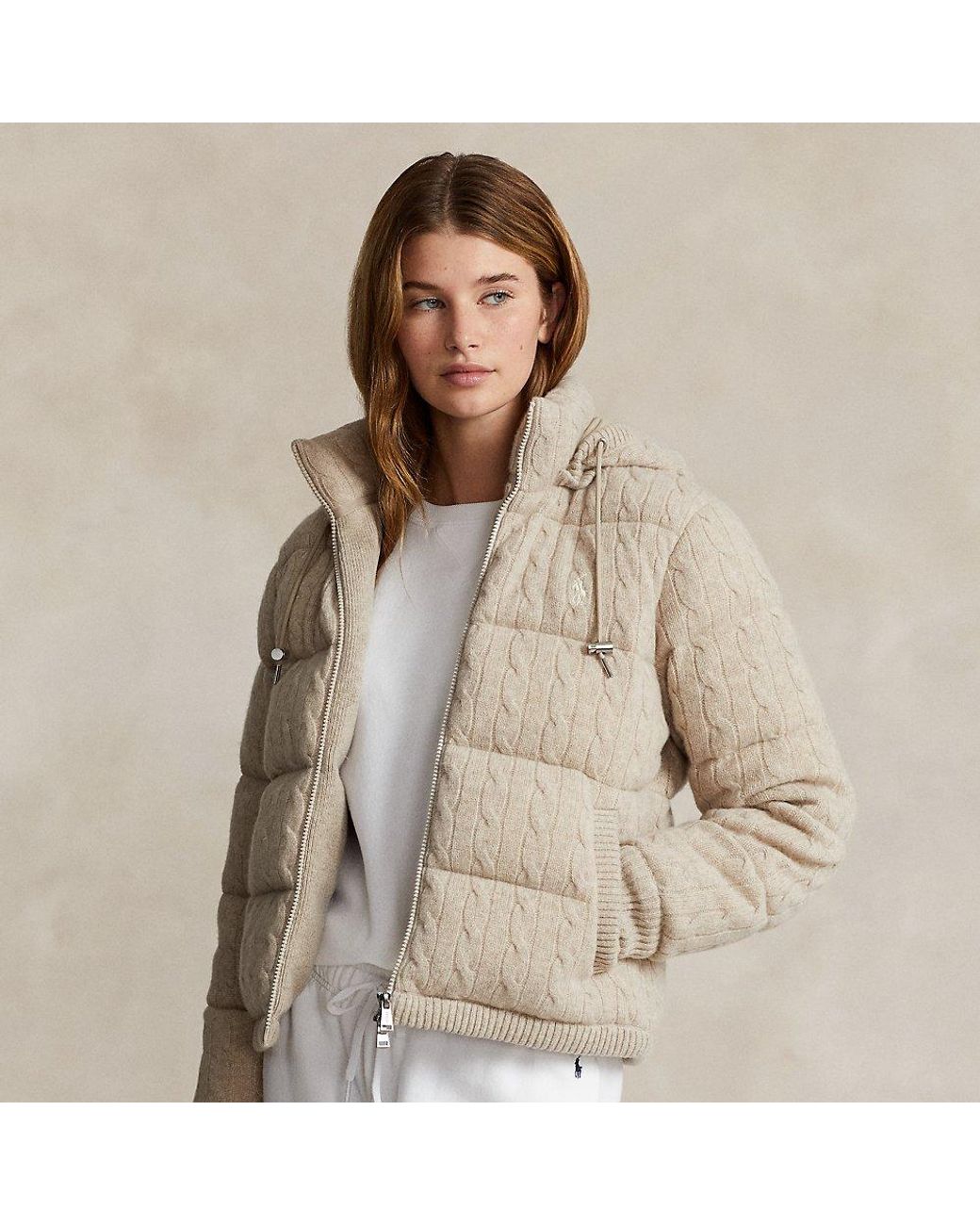 Ralph Lauren Cable-knit Hooded Down Coat in Natural | Lyst