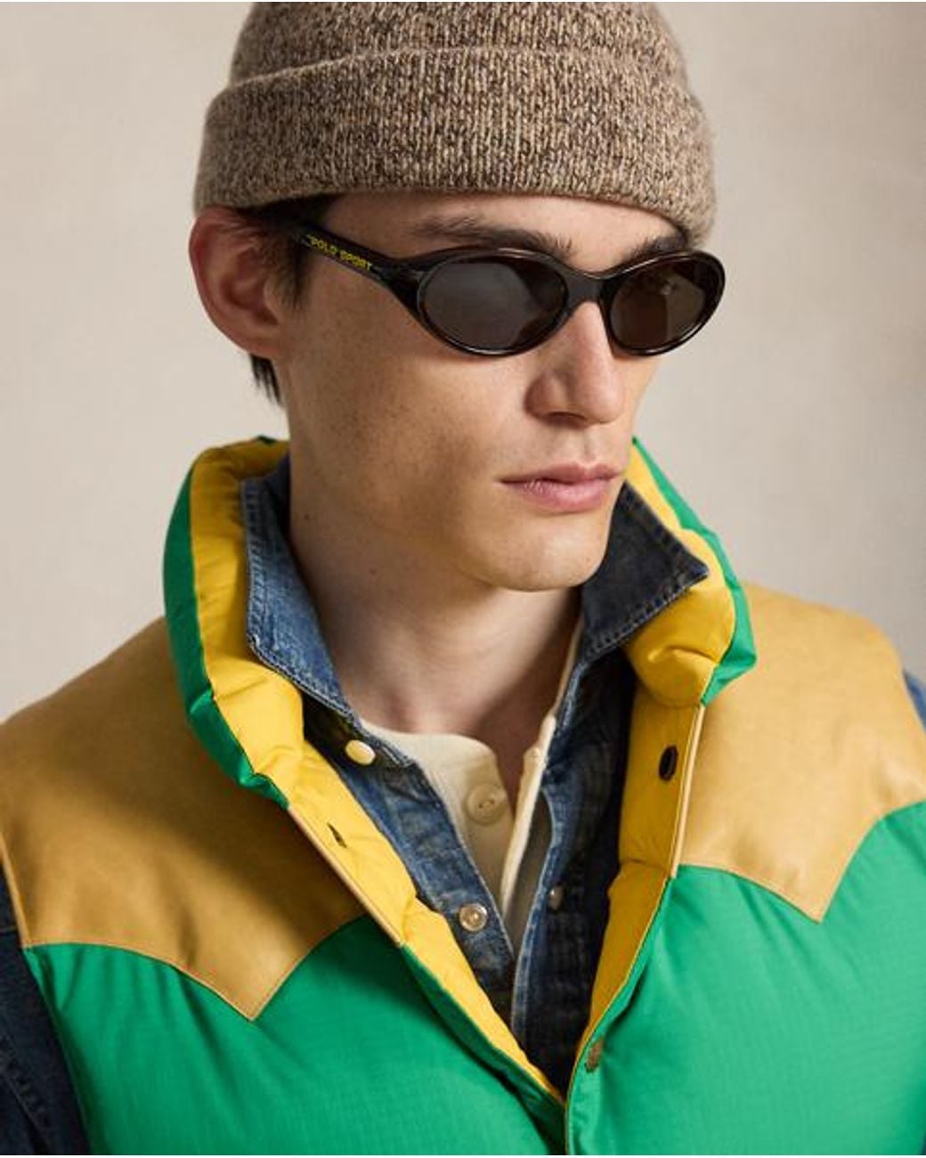 Polo Ralph Lauren Green Leather-Yoke Down Waistcoat for men