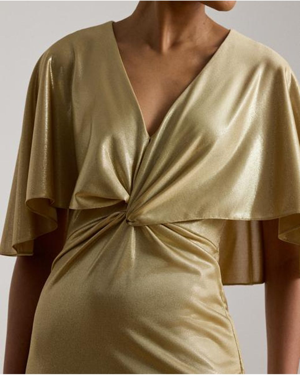 Ralph Lauren Natural Metallic Jersey Twist-Front Cape Gown