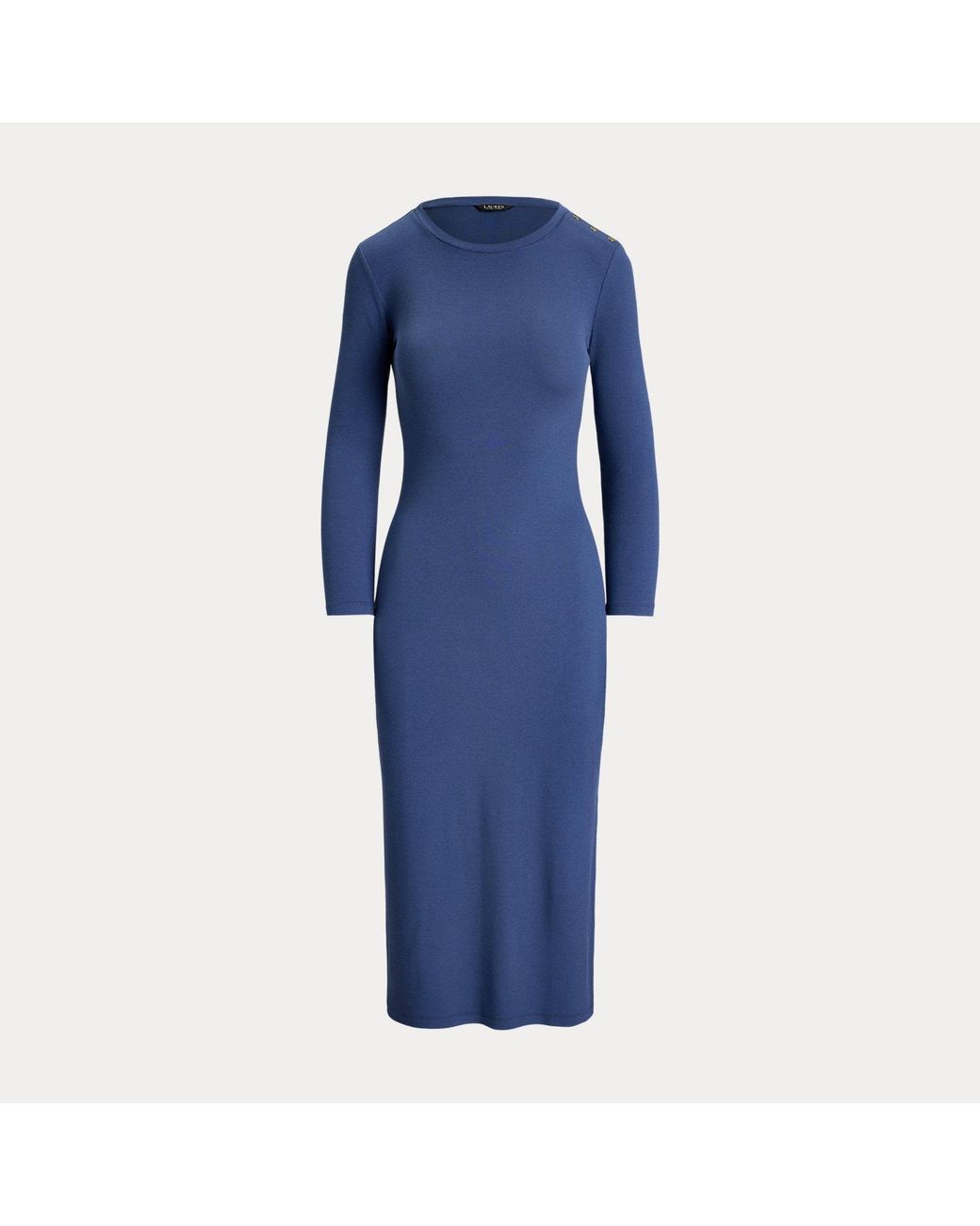 Ralph Lauren Blue Button-Trim Rib-Knit Midi Dress