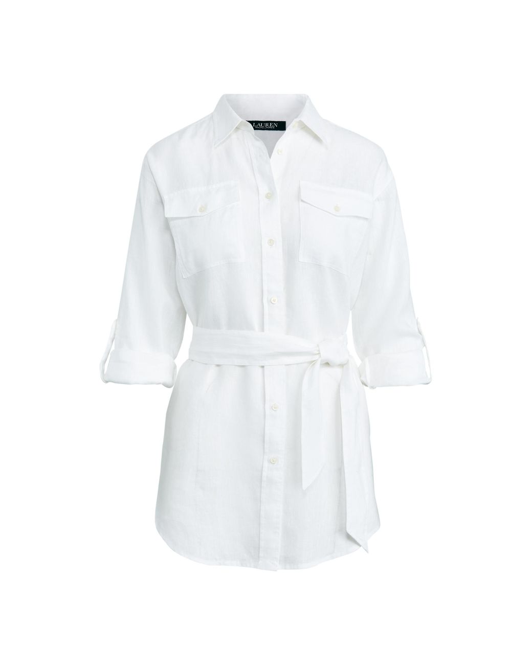 Ralph Lauren Belted Linen Shirt in White - Lyst