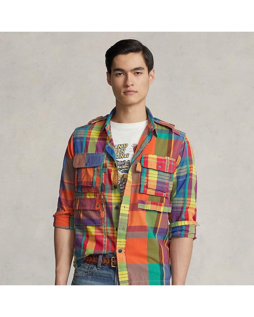 Camicia da lavoro patchwork in madras da Uomo di Polo Ralph Lauren in Rosso  | Lyst