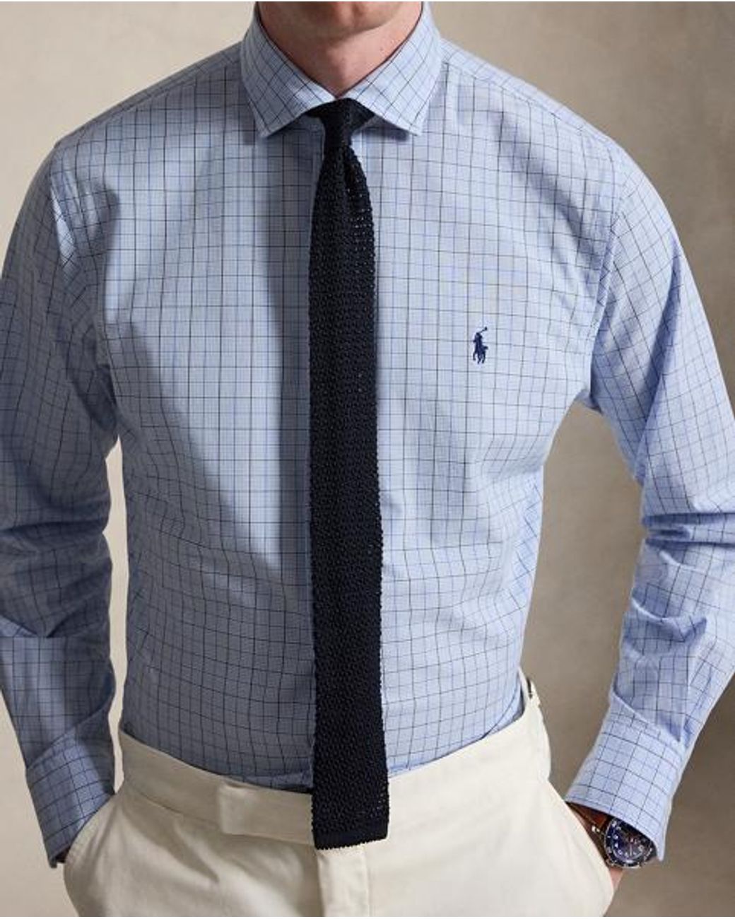 Polo Ralph Lauren Blue Custom Fit Plaid Stretch Poplin Shirt for men