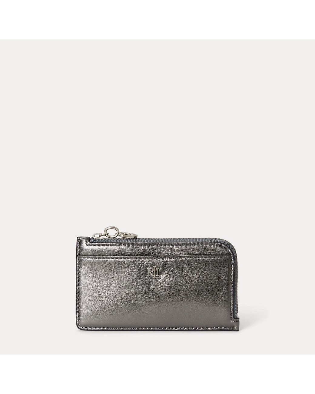 Ralph Lauren Gray Metallic Nappa Leather L-Zip Card Holder