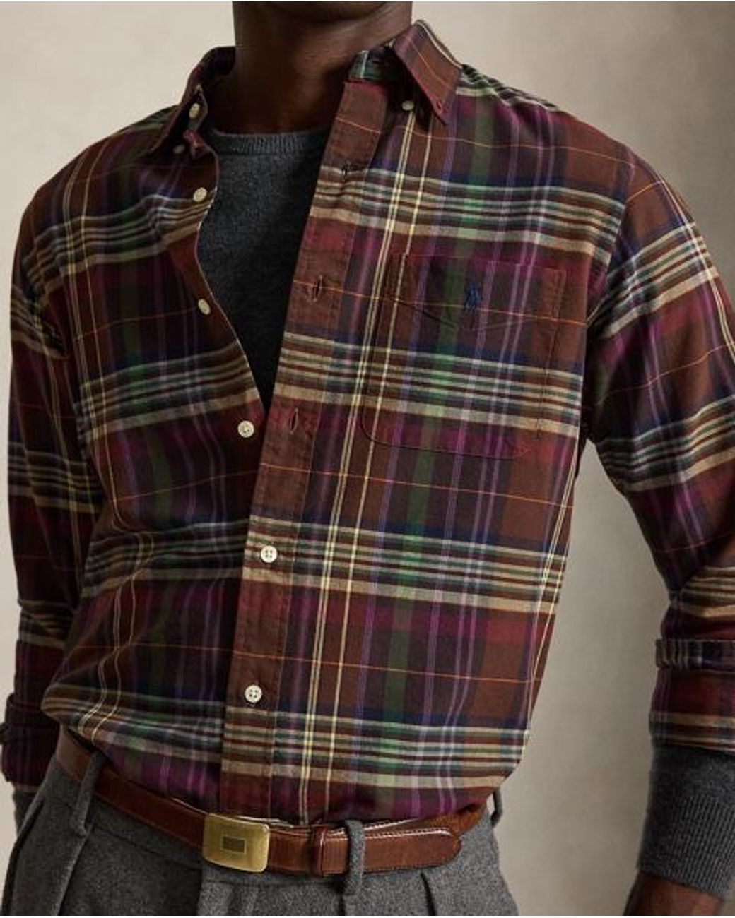 Polo Ralph Lauren Brown Custom Fit Plaid Oxford Shirt for men