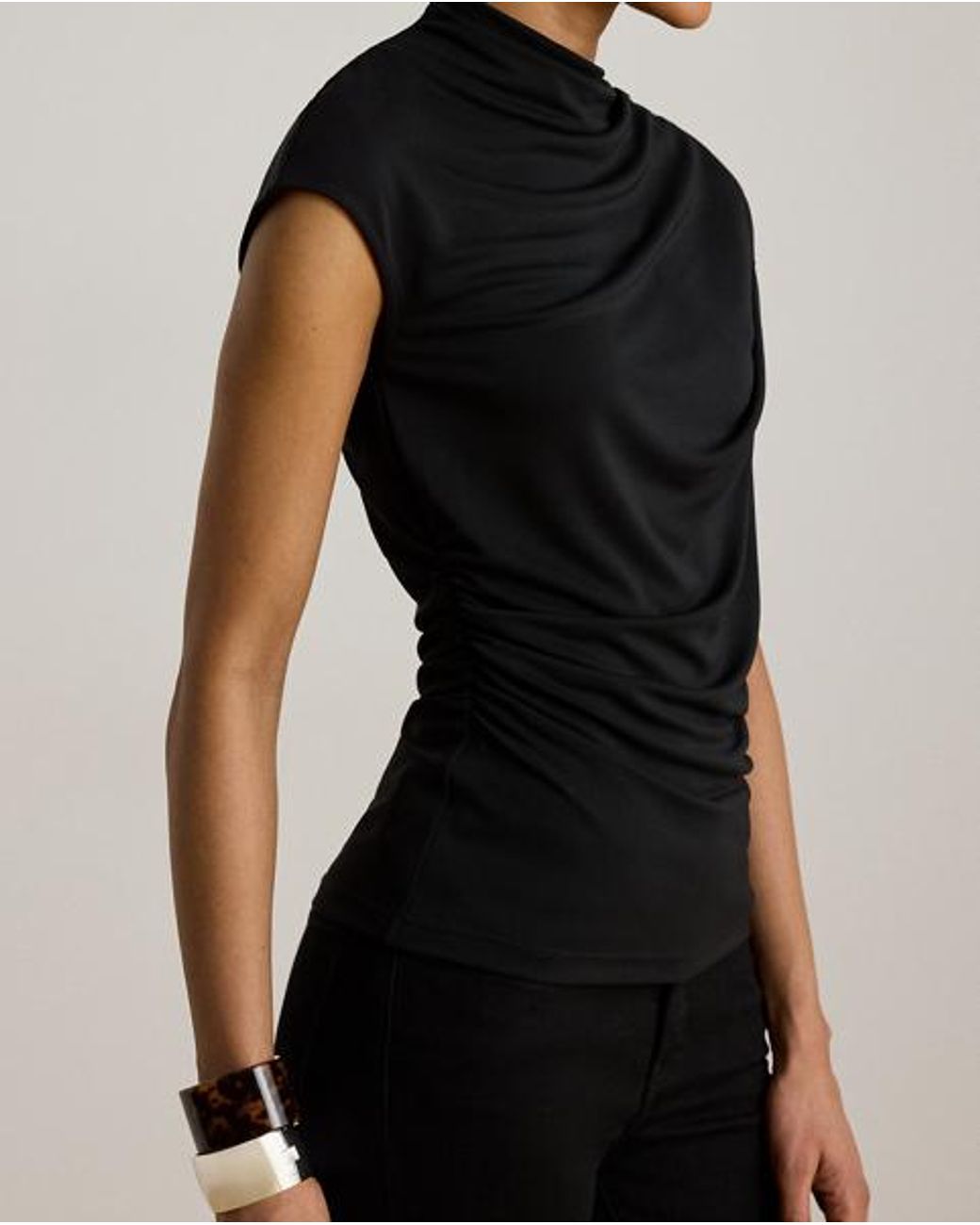 Ralph Lauren Black Shirred Stretch Jersey Mockneck Top