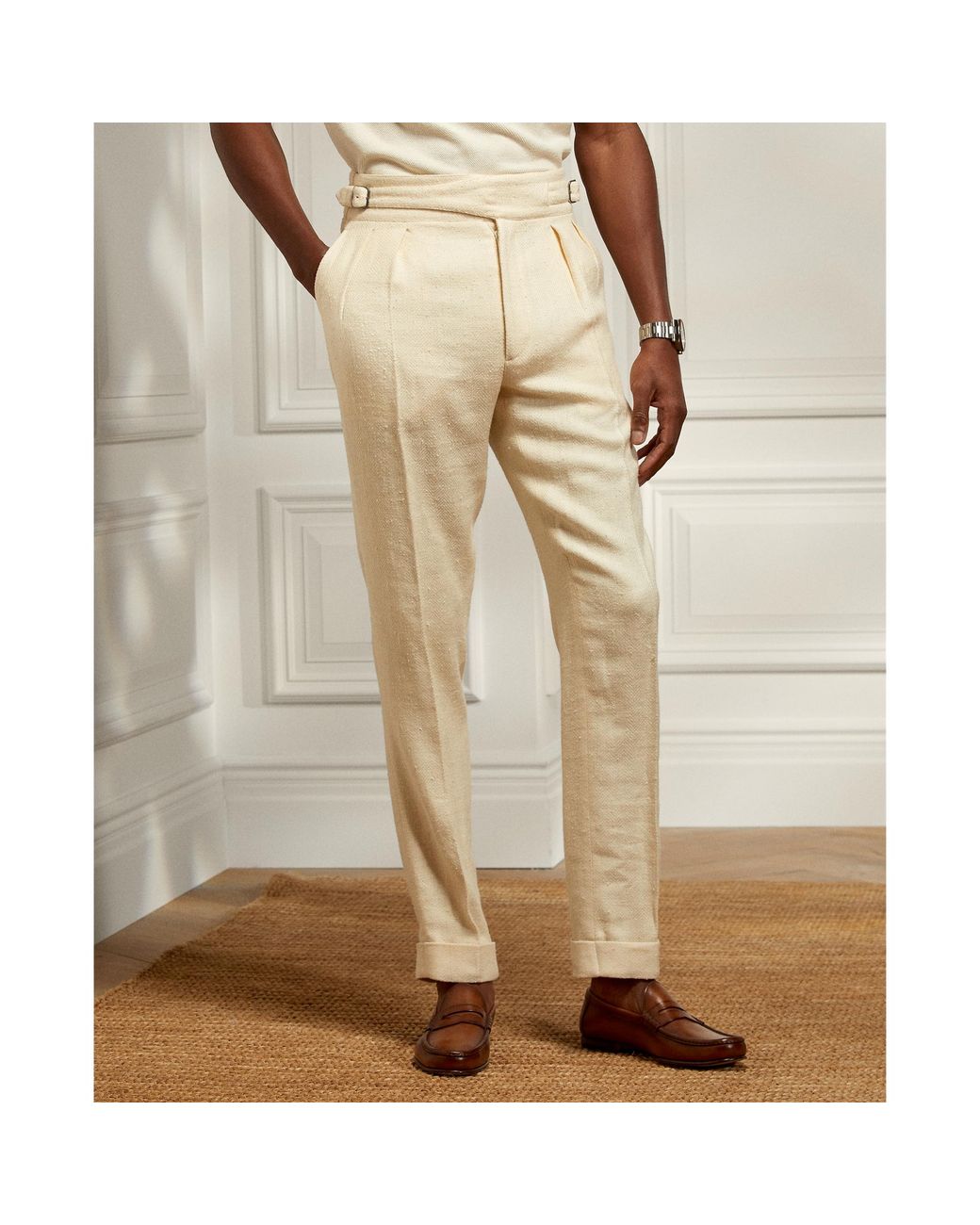 Ralph Lauren Purple Label Ralph Lauren Buckled Silk-linen Suit Trouser in  Cream (Natural) for Men | Lyst