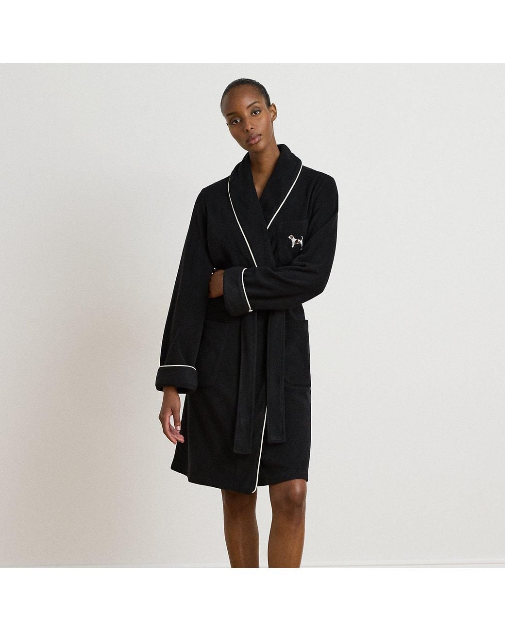 Ralph Lauren Black Dog-Embroidered Fleece Shawl-Collar Robe