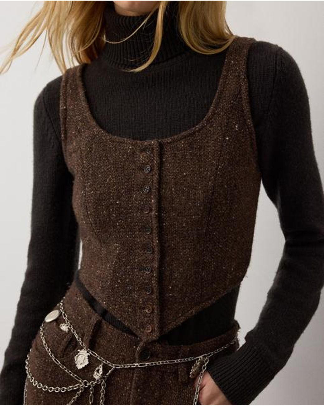 Ralph Lauren Black Sherry Wool-Blend Donegal Tweed Top