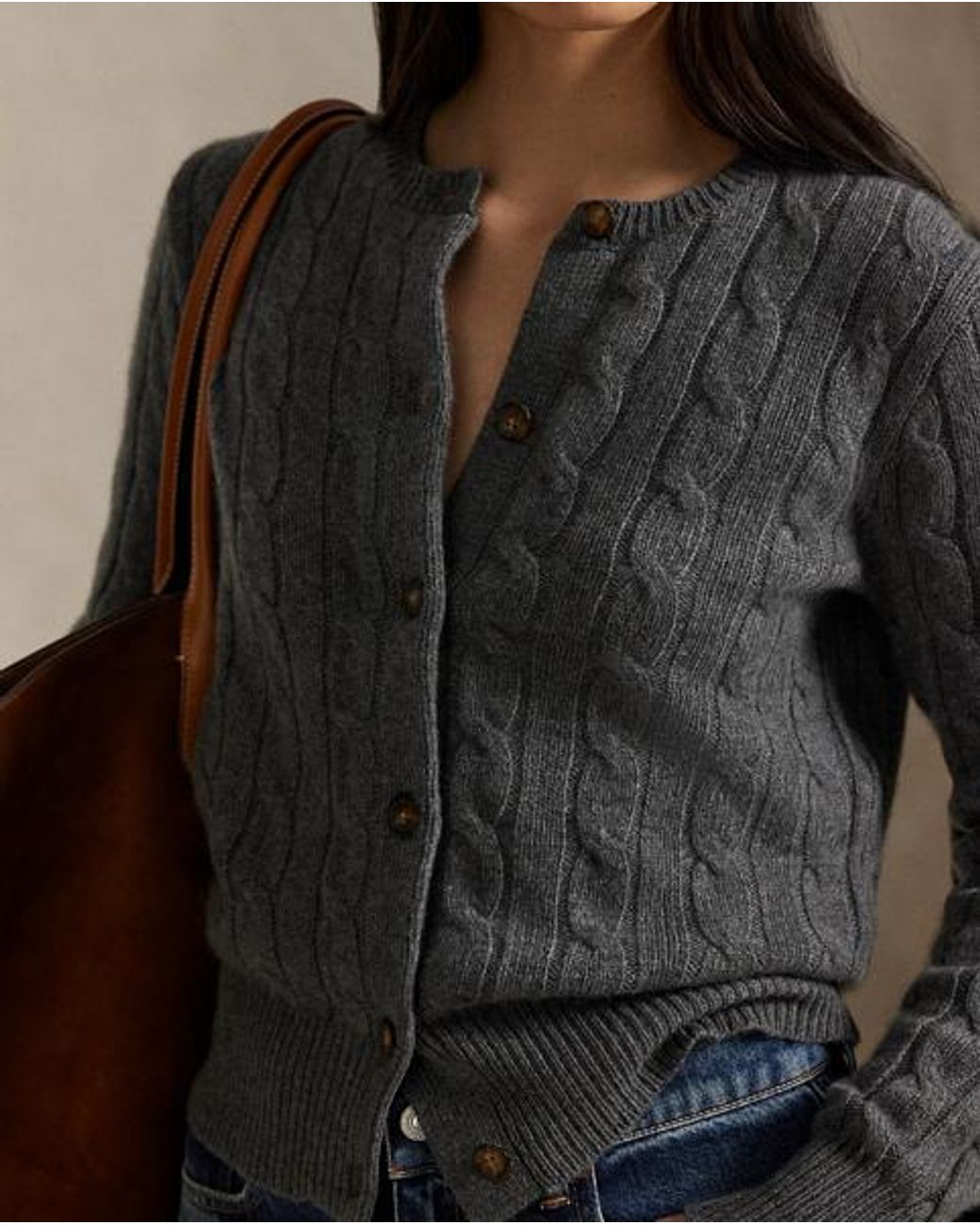 Polo Ralph Lauren Black Cable-Knit Cashmere Crewneck Cardigan
