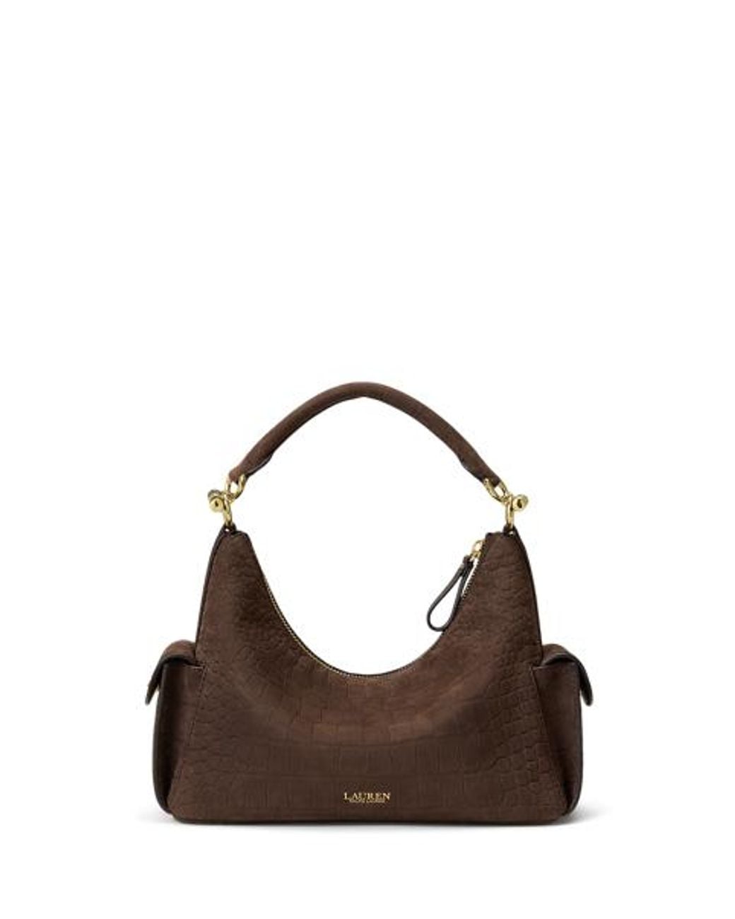 Ralph Lauren Brown Small Blaike Croc-Embossed Shoulder Bag