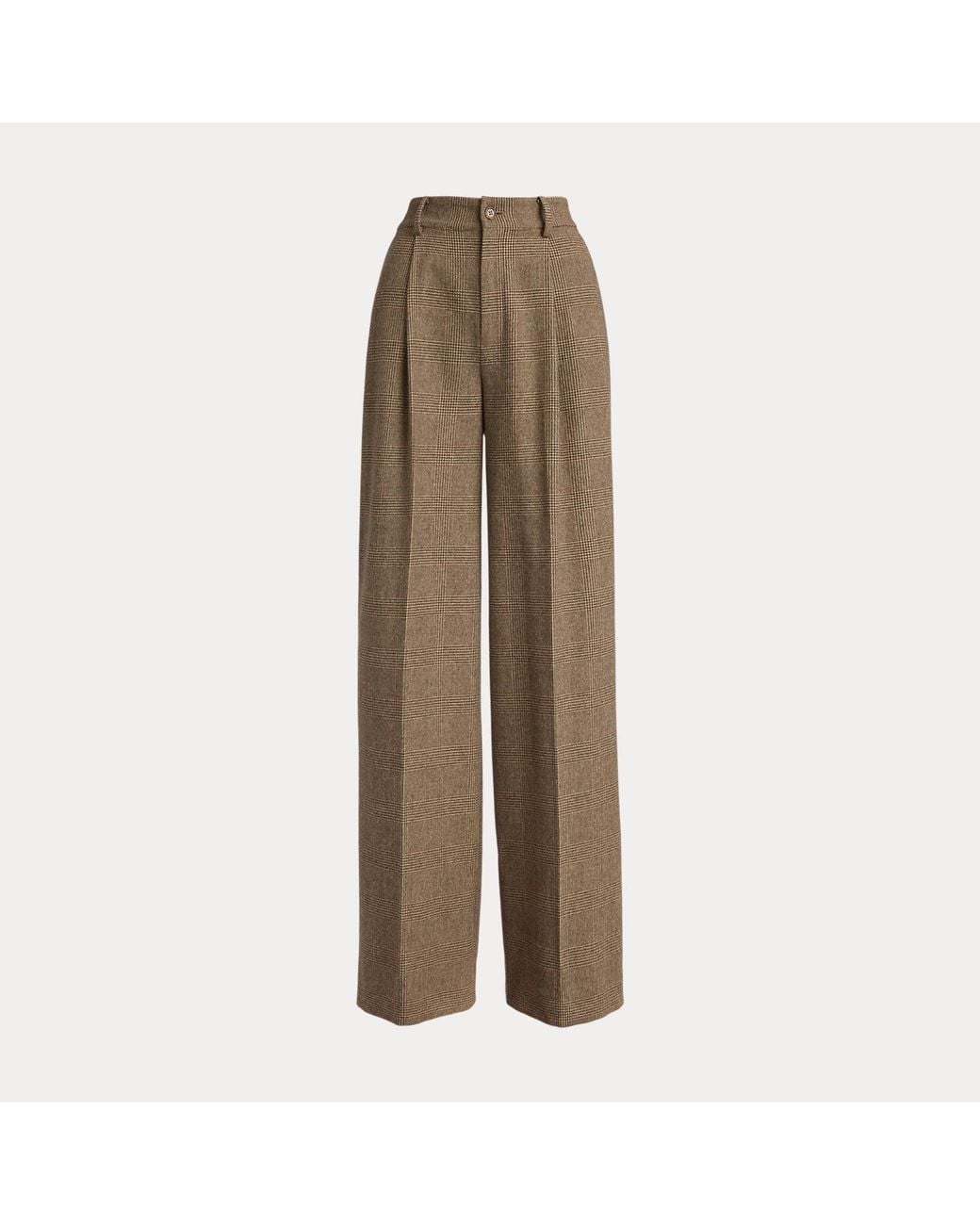 Ralph Lauren Brown Glen Plaid Brushed Wool Wide-Leg Trouser
