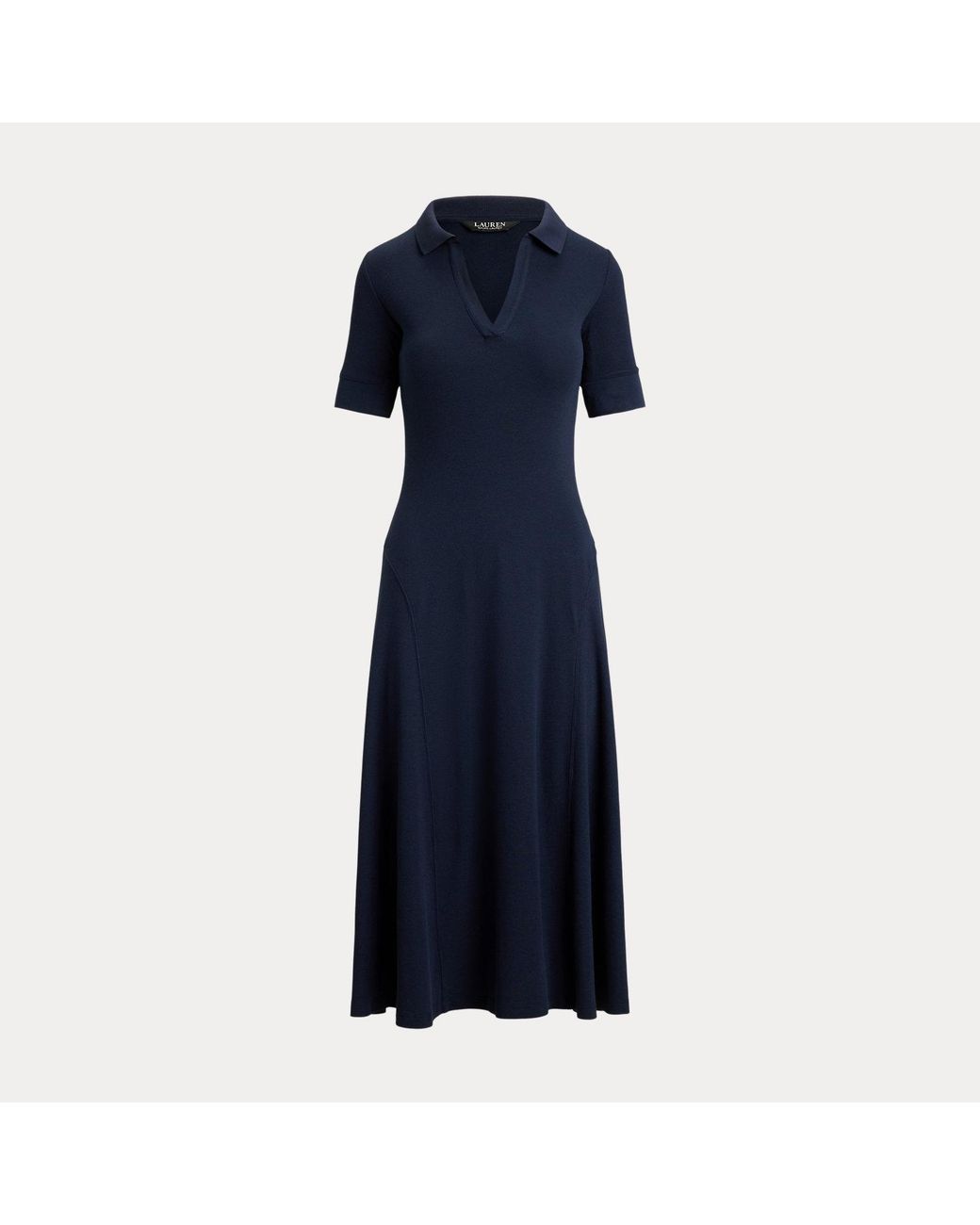 Ralph Lauren Blue Rib-Knit Elbow-Sleeve Polo Dress