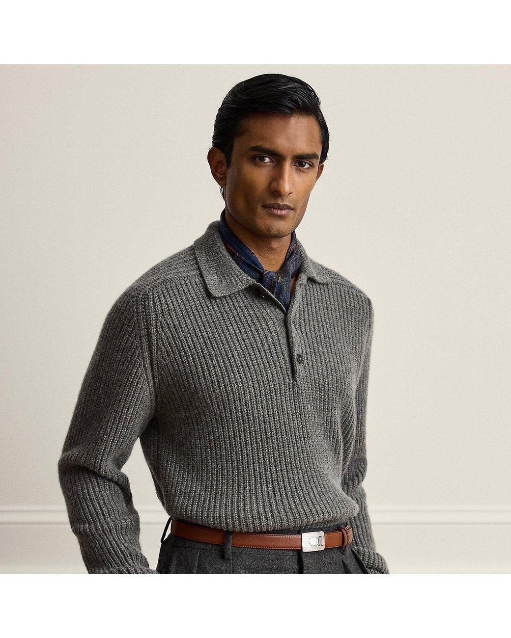 Ralph Lauren Gray Ralph Lauren Textured Cashmere Polo-Collar Sweater for men