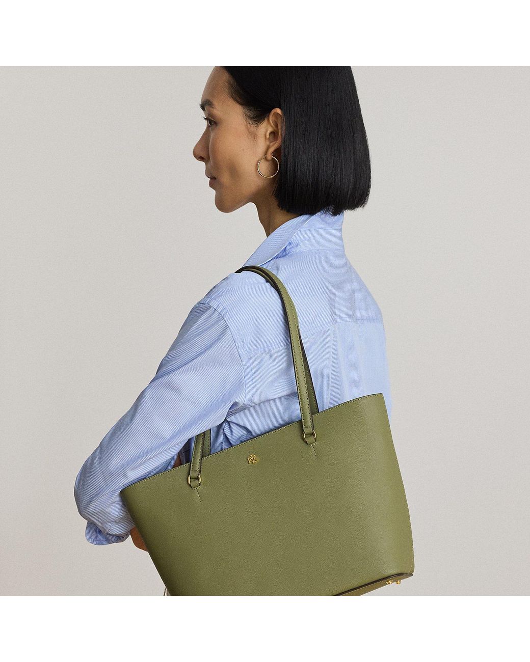 Ralph Lauren Blue Medium Karly Crosshatch Leather Tote