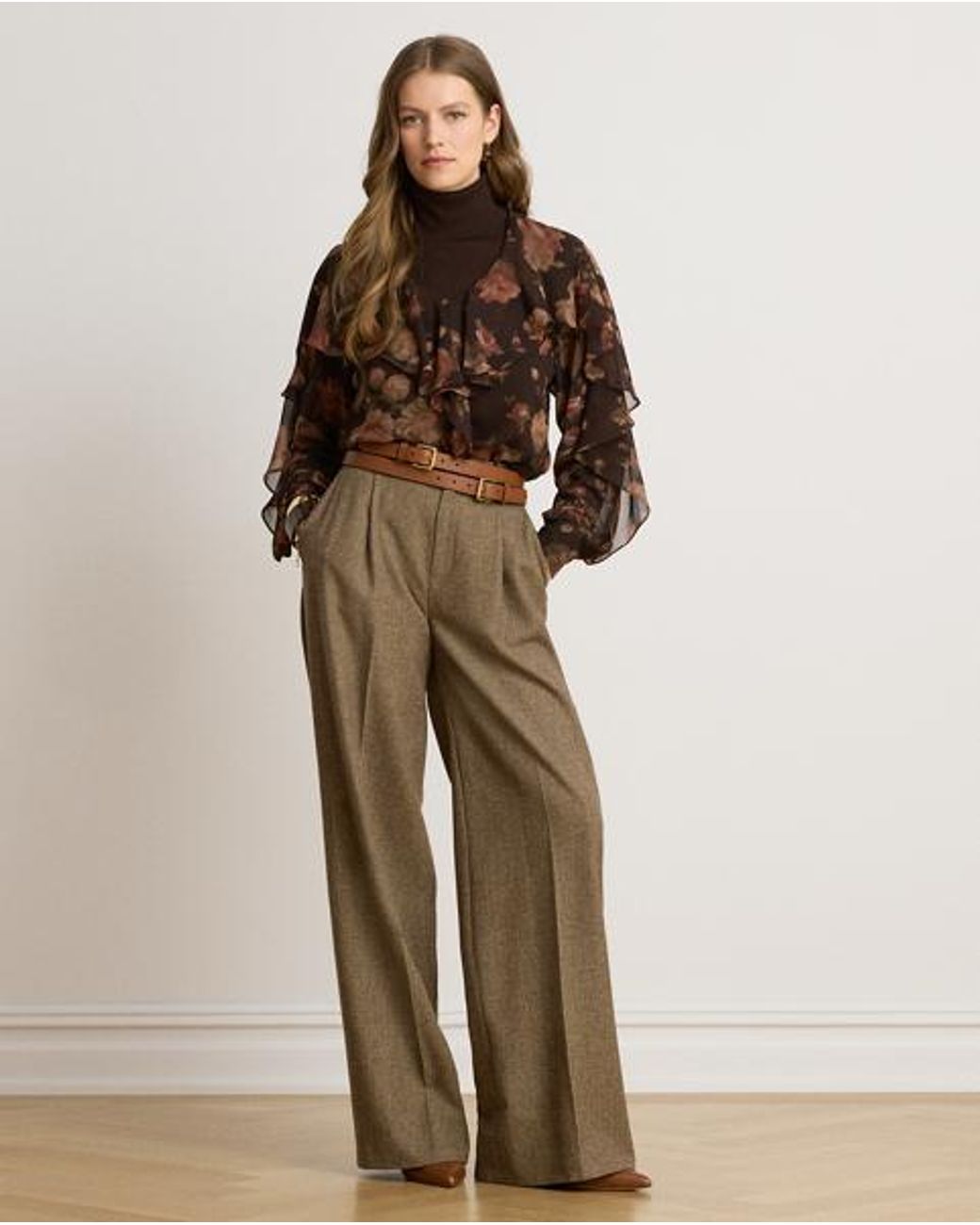Ralph Lauren Brown Floral Ruffle-Trim Chiffon V-Neck Blouse