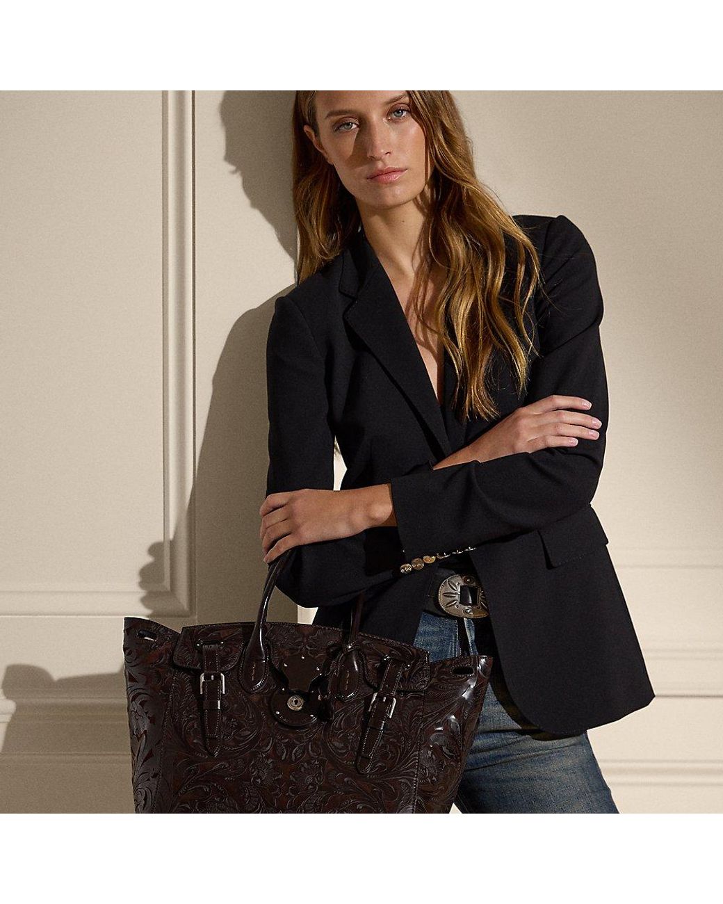 トートバッグ Ralph Lauren Leather Soft Ricky 33 Bag (435189535001 BLACK) Soft Ricky 33 Calfskin-Trim Canvas Bag