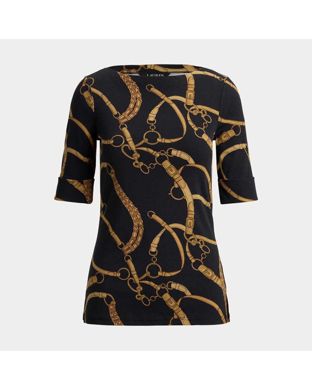 Ralph Lauren Black Belting-Print Cotton Boatneck T-Shirt