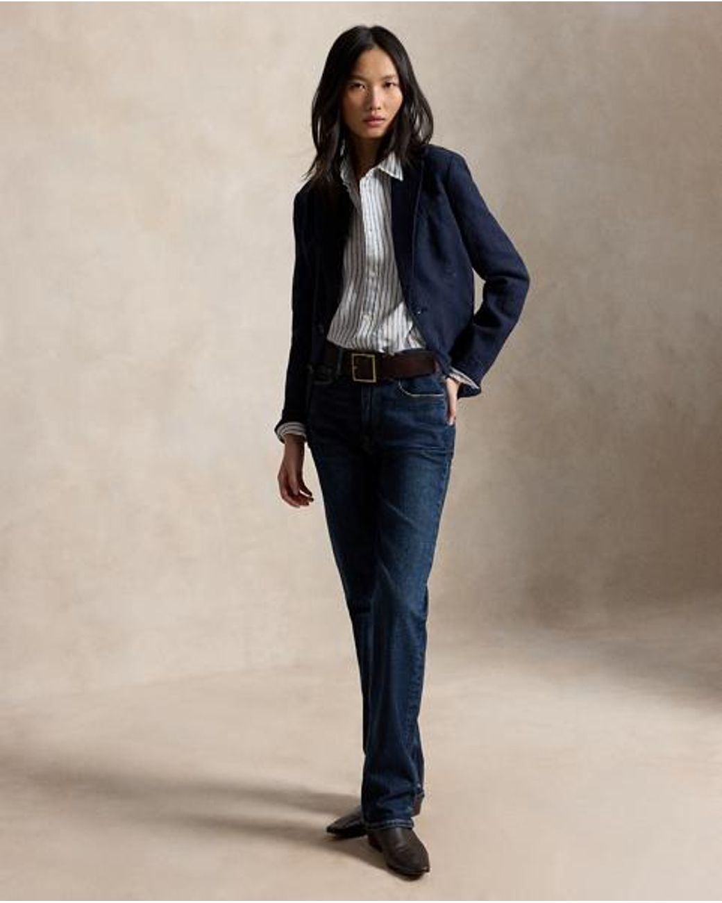 Polo Ralph Lauren Blue Wide Cropped Gingham Linen Shirt