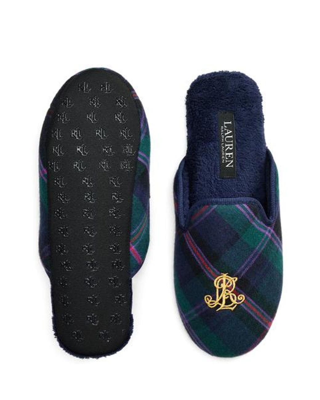 Ralph Lauren Blue Plaid Monogram Brushed Twill Slippers