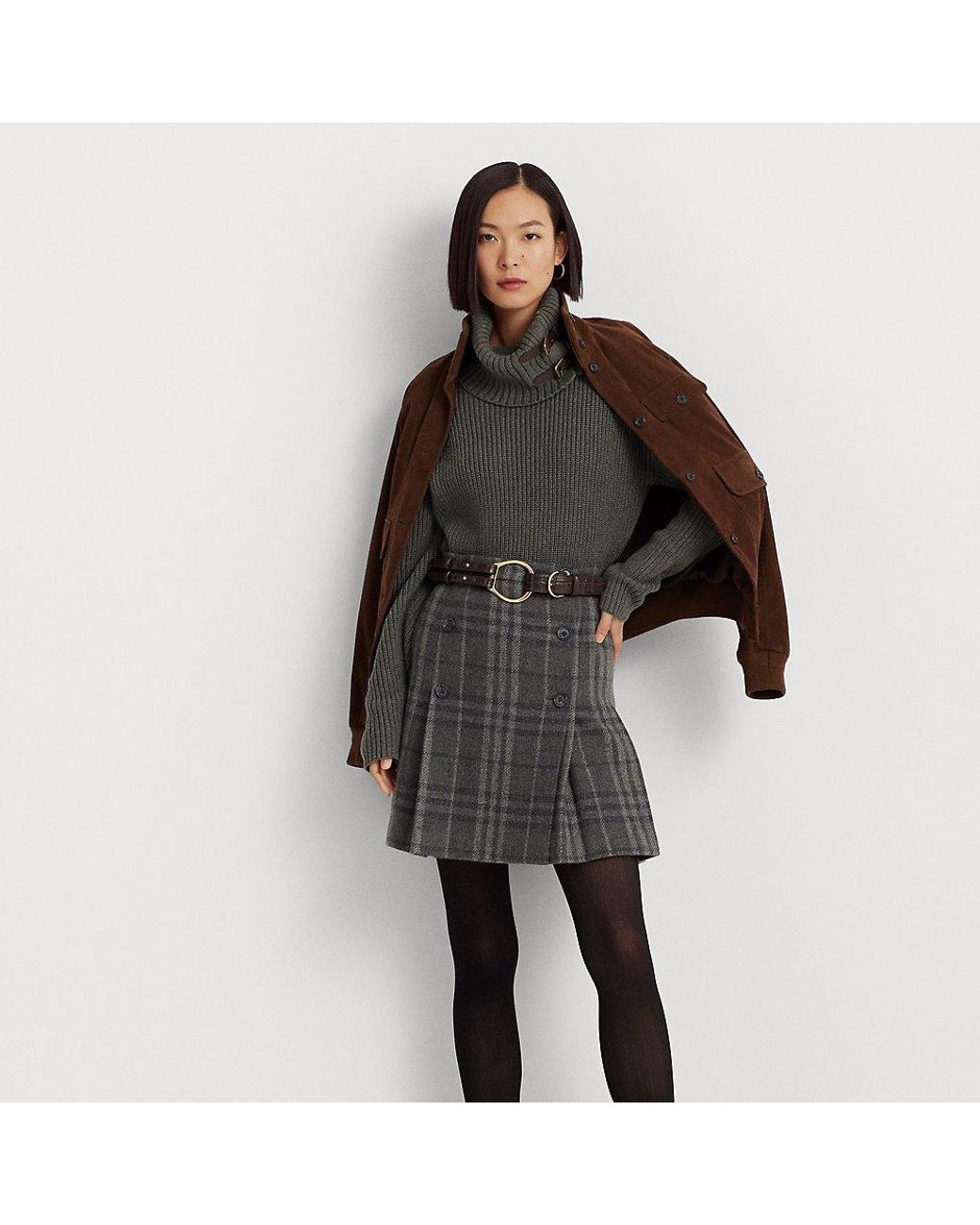 Ralph Lauren Ralph Lauren Plaid Pleated Wool-blend Tweed Miniskirt in Black  | Lyst