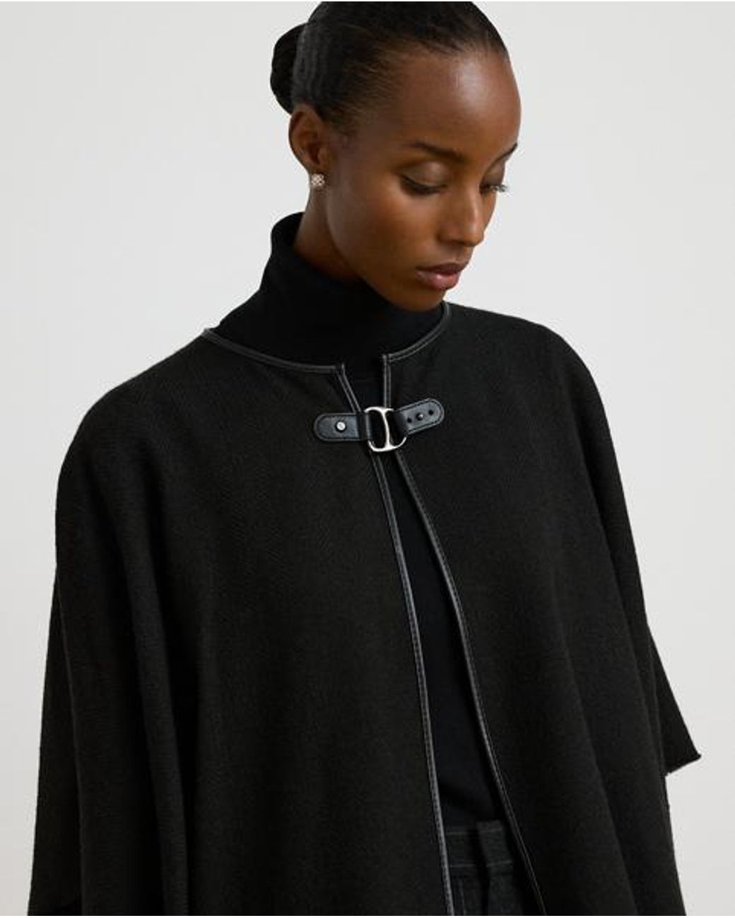 Ralph Lauren Black Buckle-Trim Herringbone Ruana