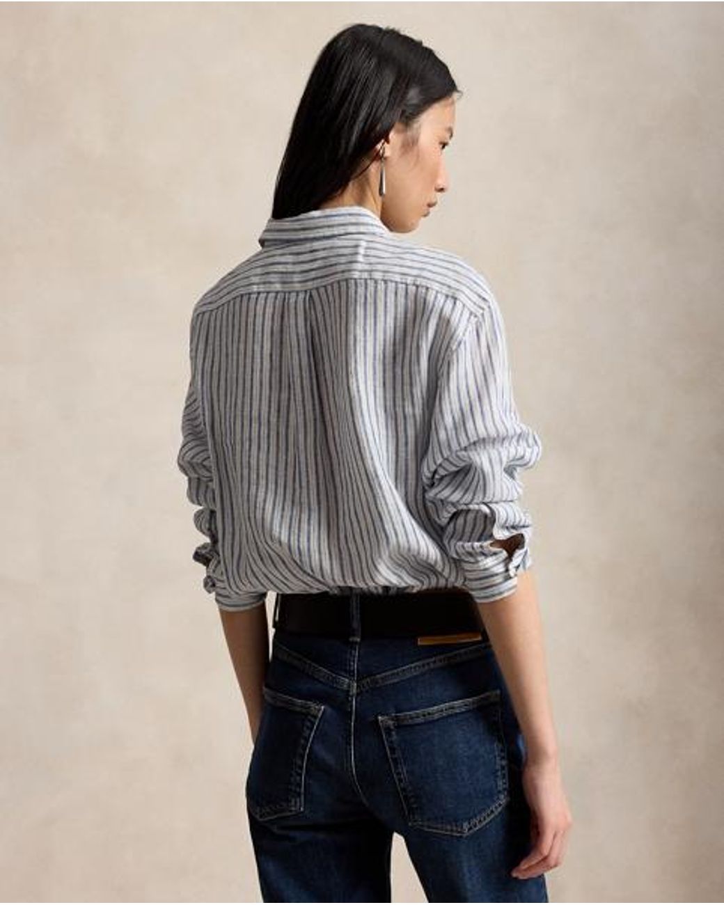 Polo Ralph Lauren Blue Wide Cropped Gingham Linen Shirt