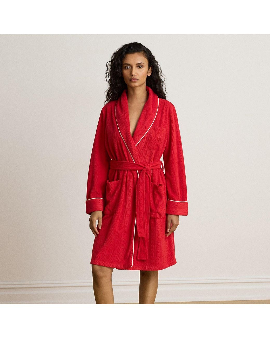 Ralph Lauren Red Cable Microfleece Shawl-Collar Robe