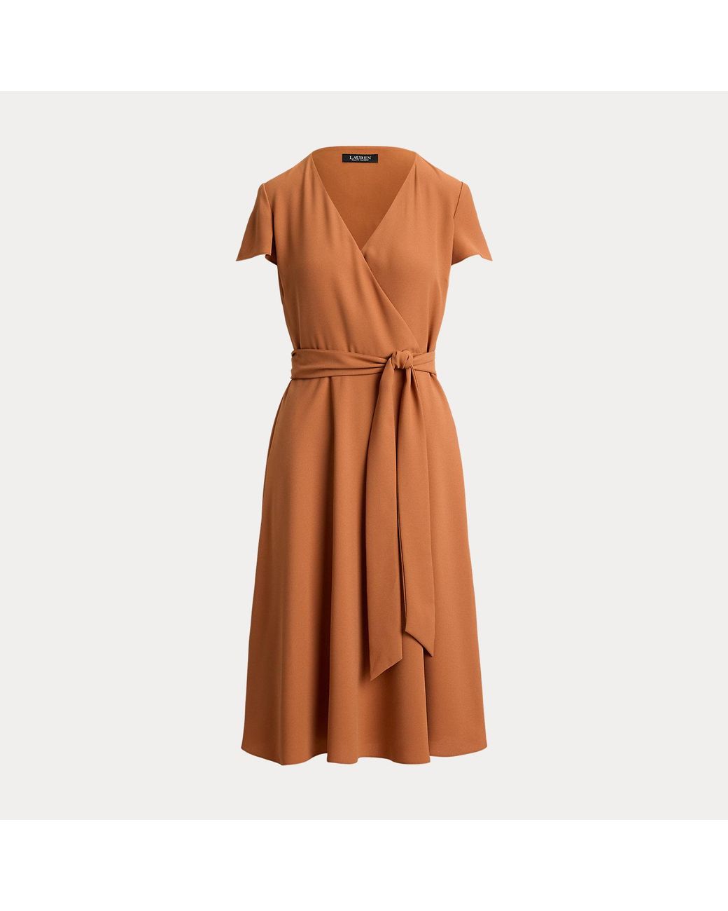Ralph Lauren Brown Belted Georgette Surplice Dress