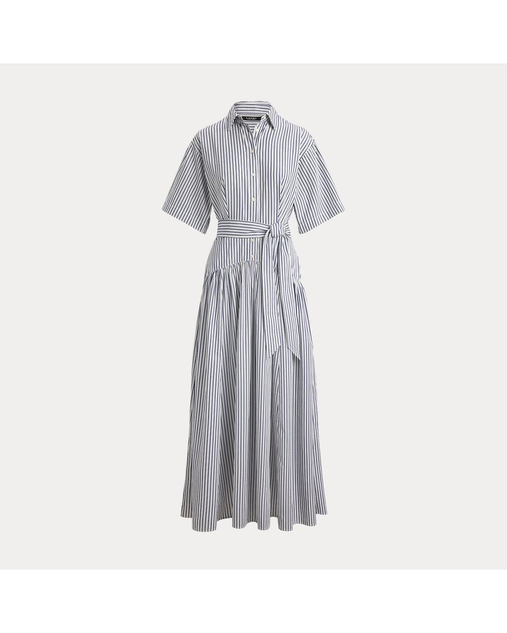 Ralph Lauren Blue Striped Belted Broadcloth Shirtdress
