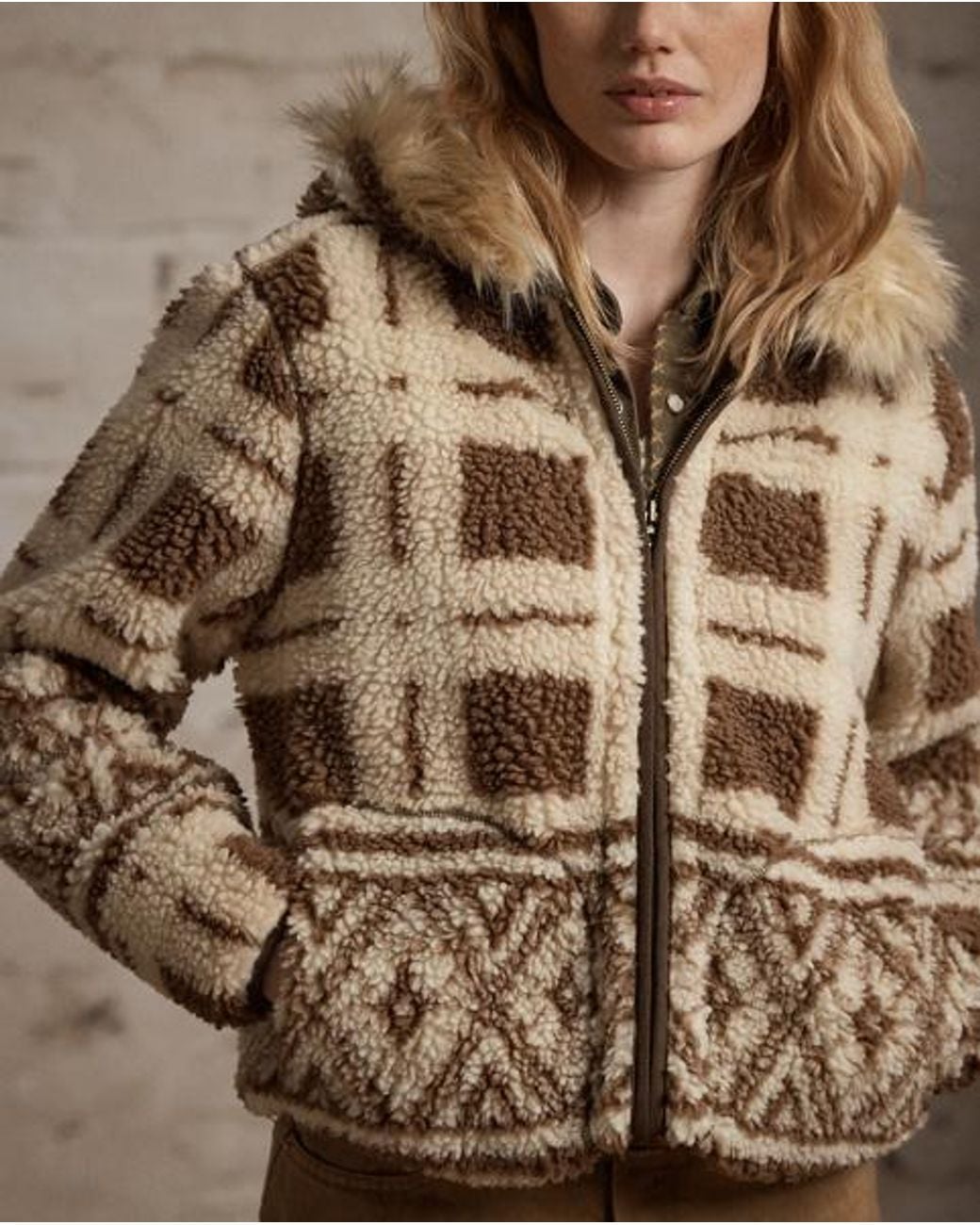RRL Gray Faux-Fur-Trim Fleece Jacket